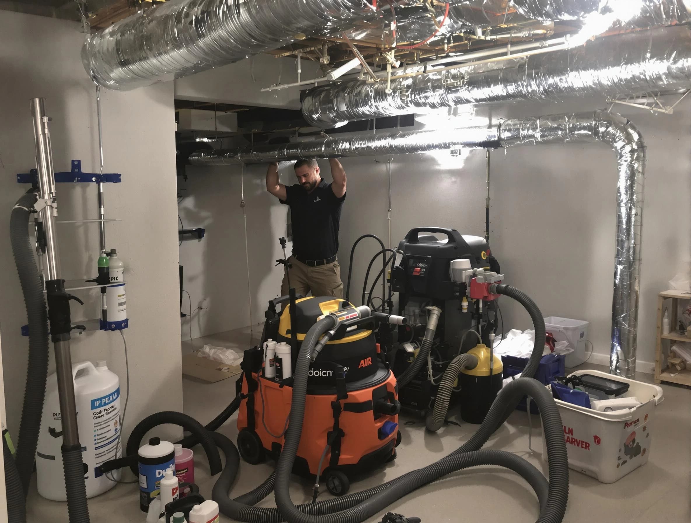 Dracut Air Duct Cleaning specialist performing professional mold removal from air ducts using safety equipment in Dracut