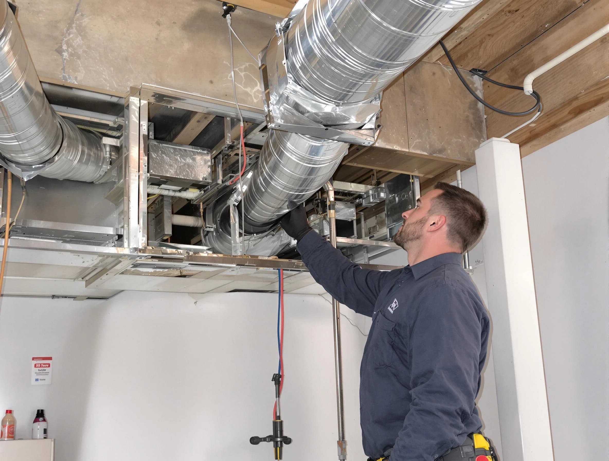 Dracut Air Duct Cleaning technician performing professional air duct repair using specialized tools in Dracut